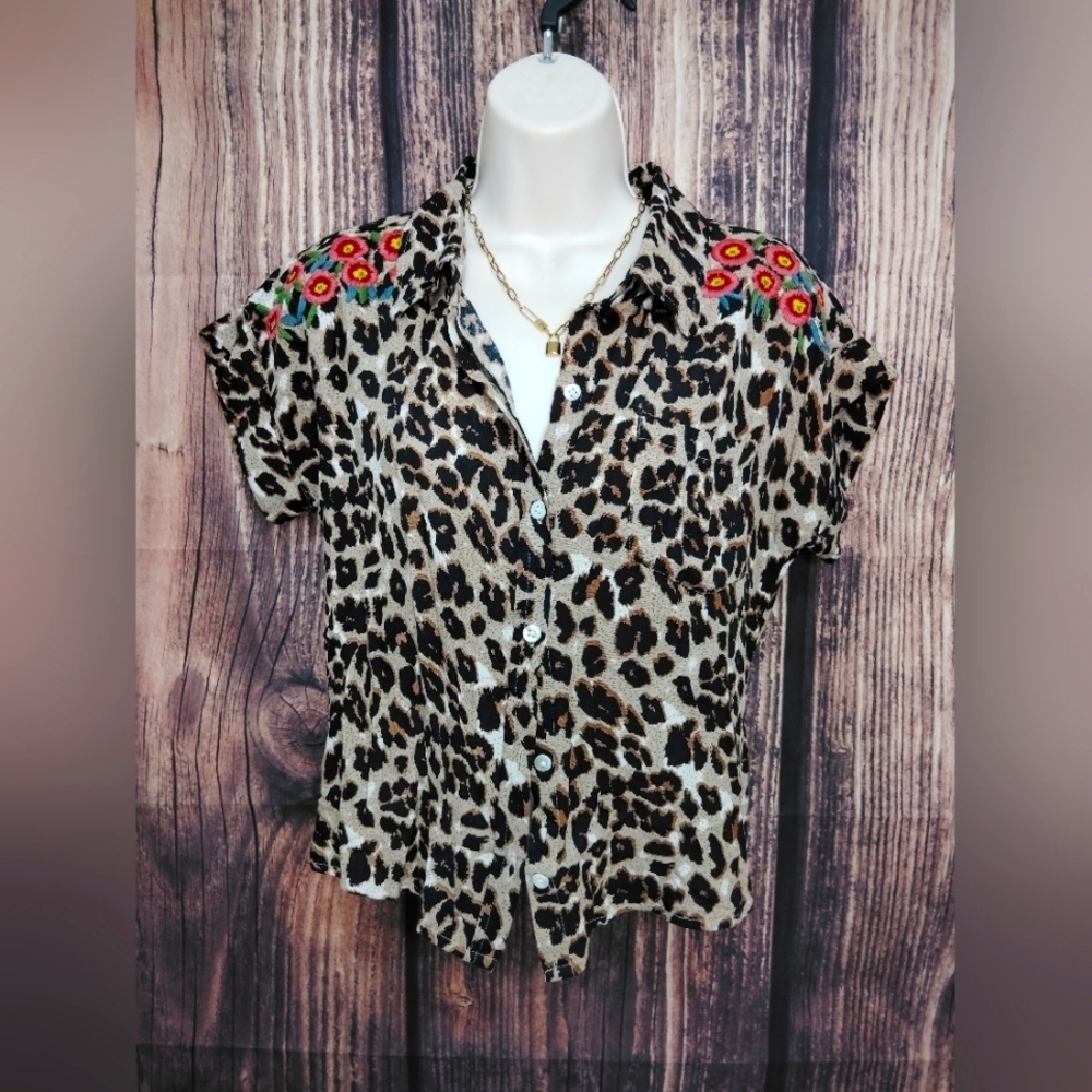 THML Leopard Print Button Down Shirt with Colorful Shoulder Embroidery